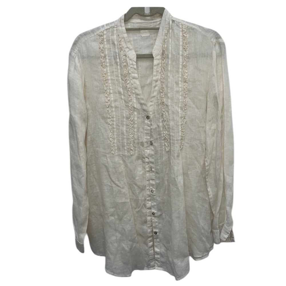 120% Lino Linen Ruffled Women’s Open Collar Shirt Size Italian 44/Medium…